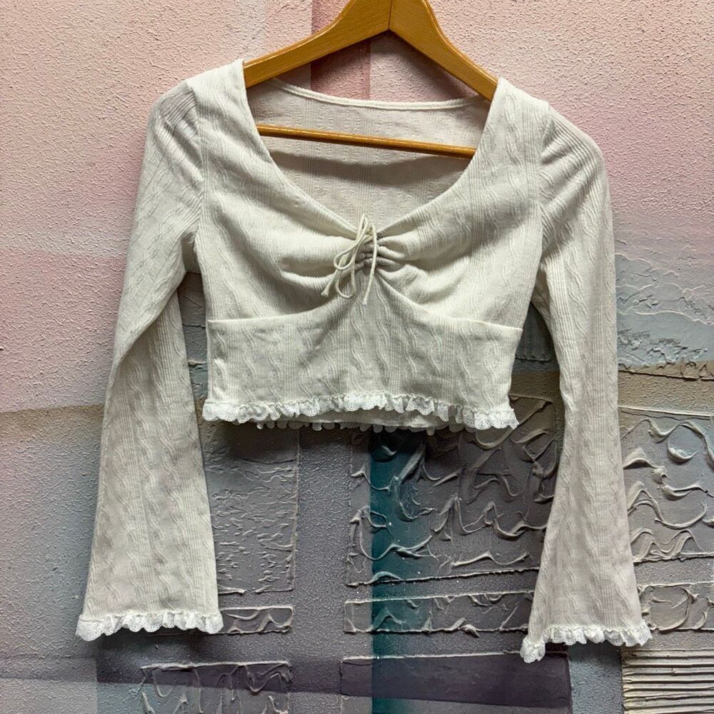 Cream Bell Sleeve Babydoll Cropped Blouse S Boho Hippie Chic Retro Artsy Coastal